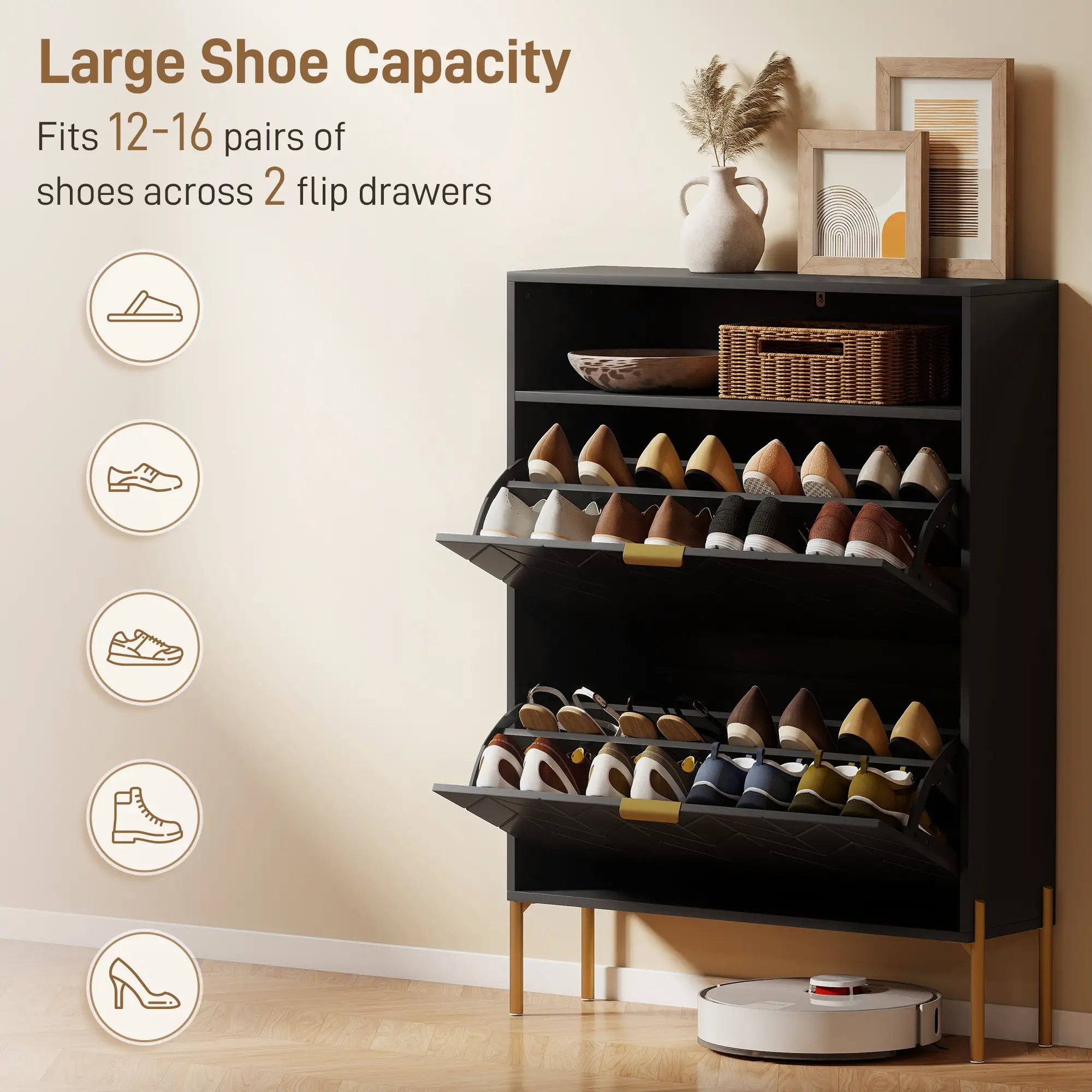 Narrow Shoe Cabinet, 2 Flip Drawers, Adjustable Shelves, Open Compartment, Black Shoe Storage Cabinets & Racks at Gallery Canada