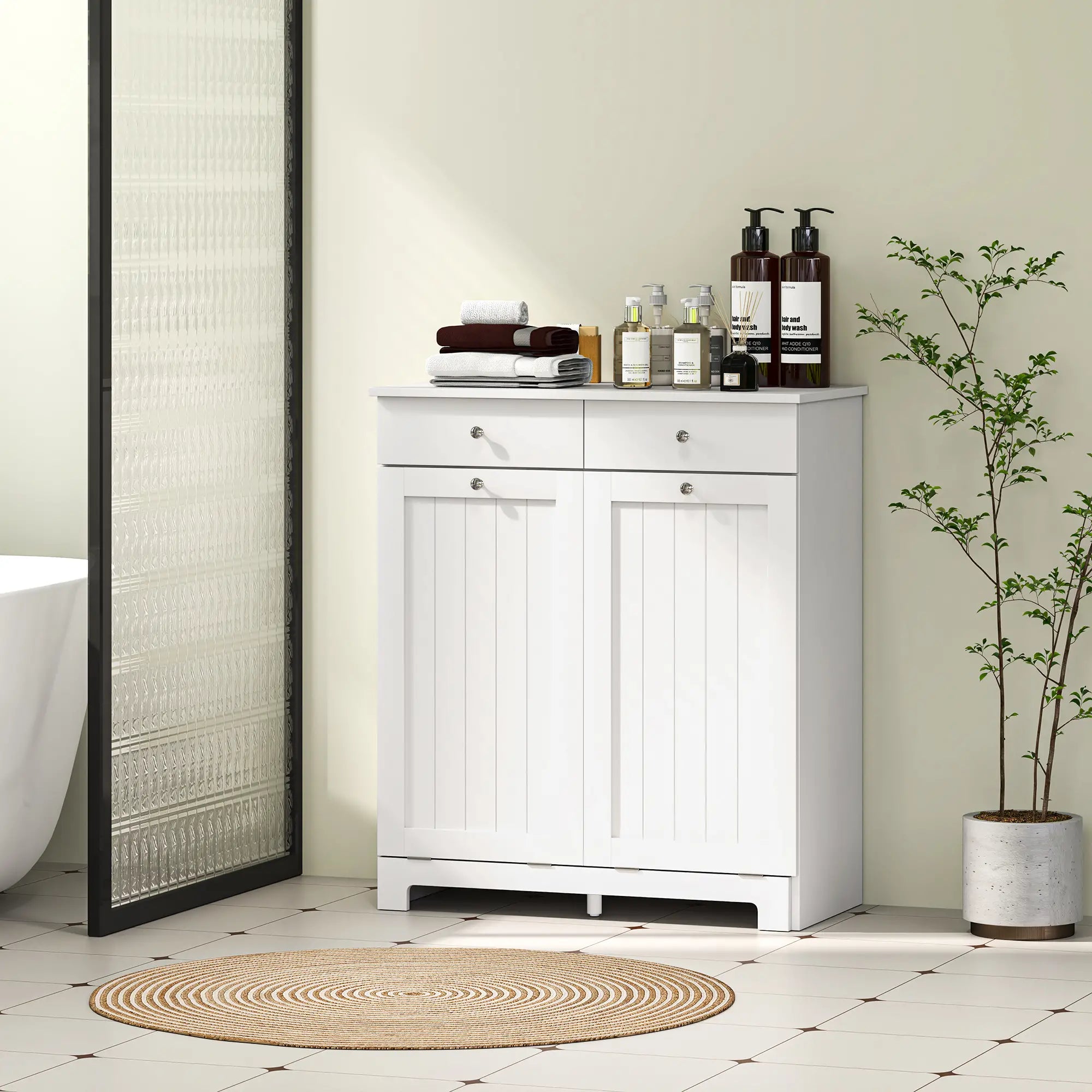 Laundry Cabinet, Tilt Out Hamper with 2 Baskets, 2 Drawers, White Bathroom Cabinets at Gallery Canada