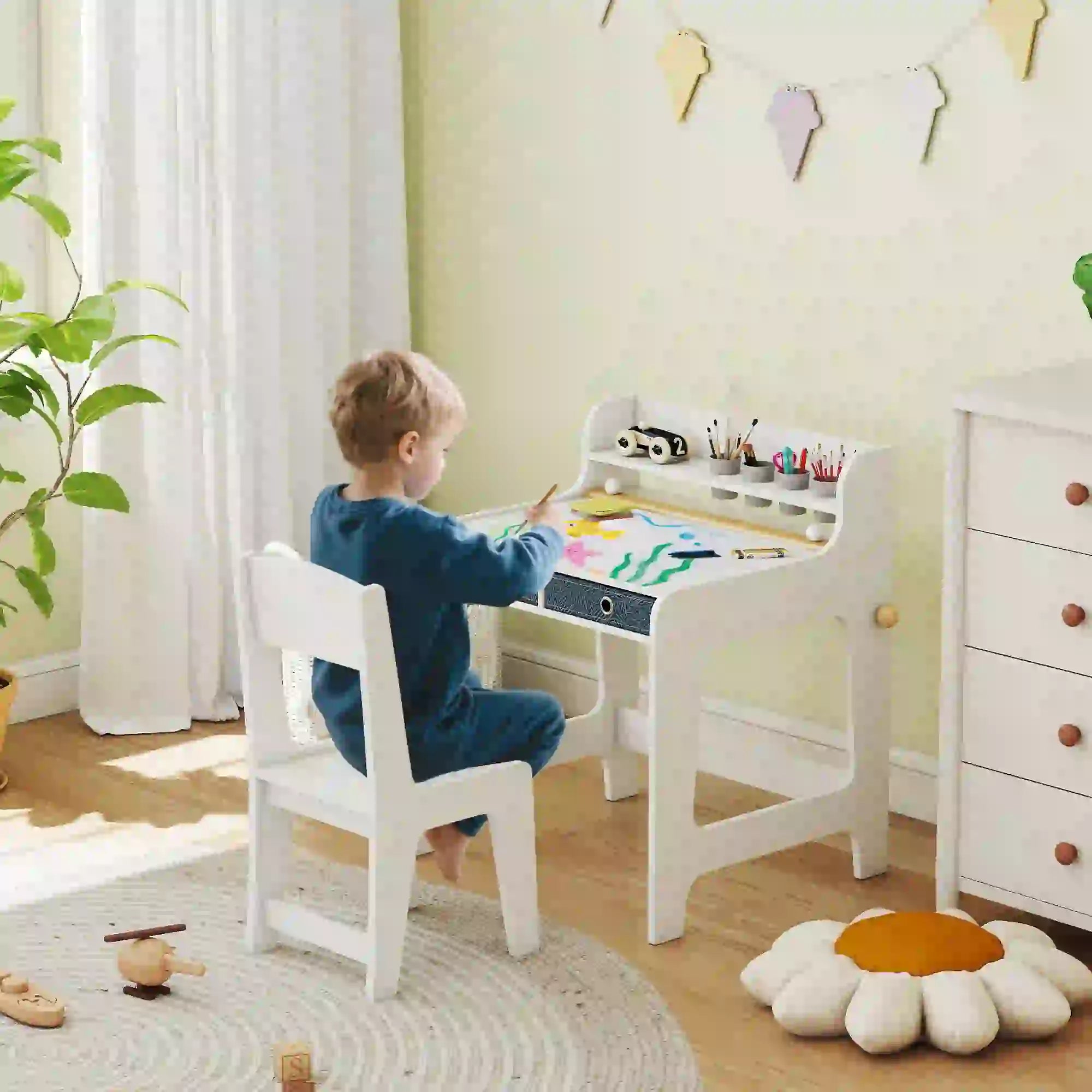 Kids Study Table and Chair Set, Art Desk with Storage Shelf, 3-8 Year Old Kids Desk Sets at Gallery Canada