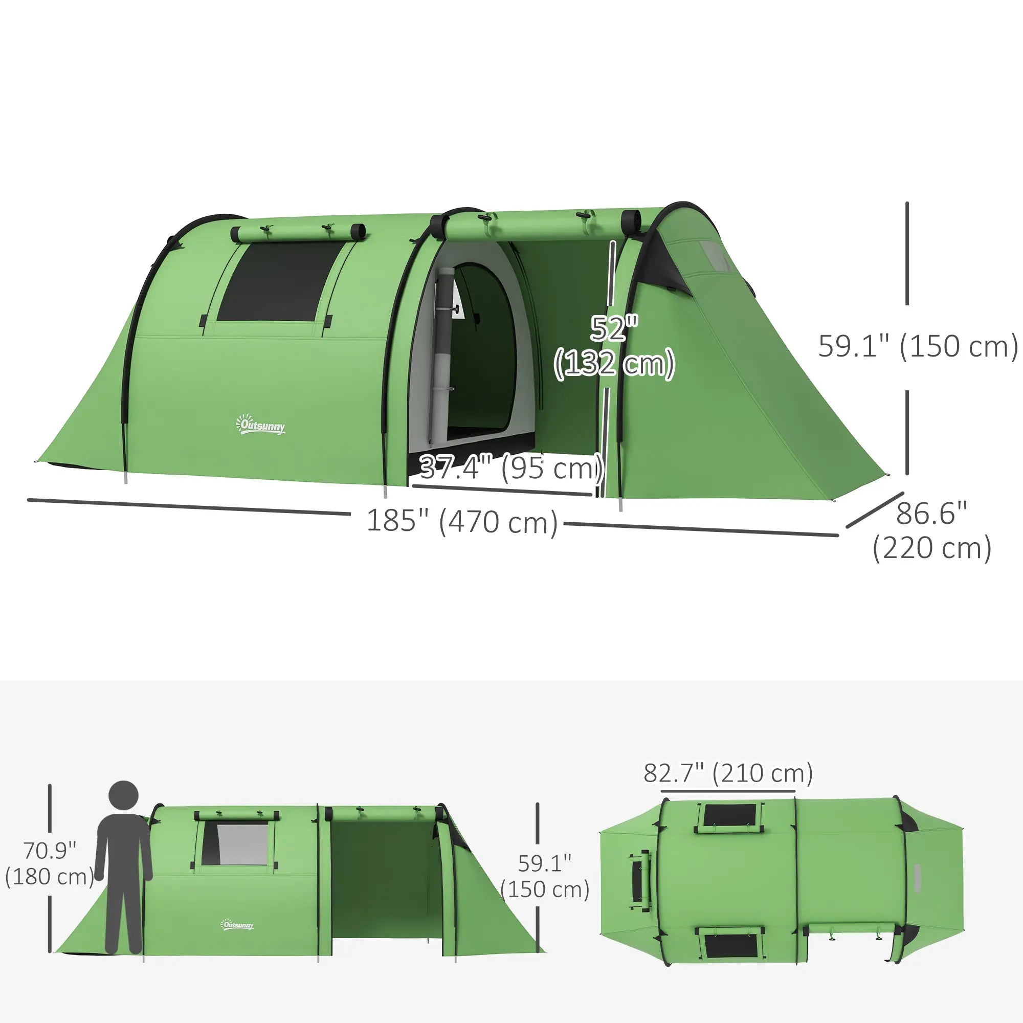 3-4 Person Camping Tent, 2 Rooms, 3000mm Waterproof, Dark Green Camping Tents at Gallery Canada