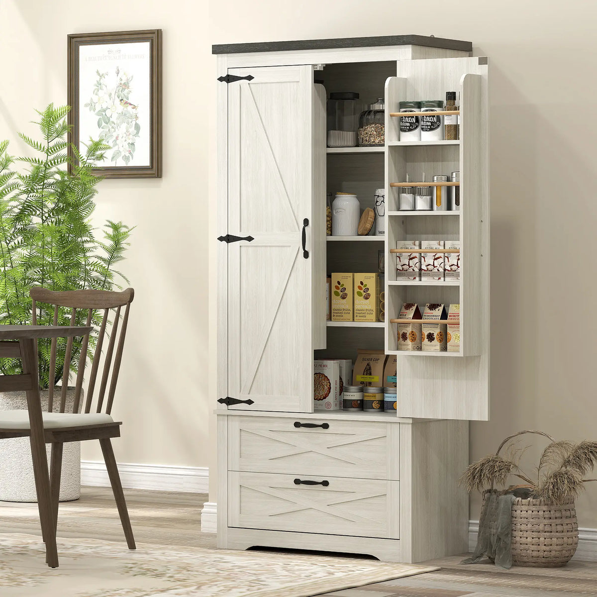 Farmhouse Kitchen Pantry, 64" Freestanding, Distressed, White Kitchen Pantry Cabinets at Gallery Canada