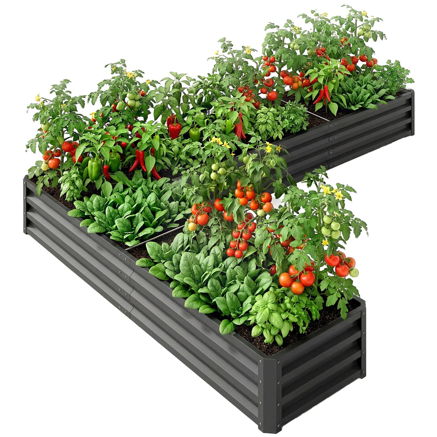 L-Shaped Raised Garden Bed, 82" x 109" x 12", Galvanized Steel, Dark Grey Galvanized Planter Boxes Dark Grey at Gallery Canada