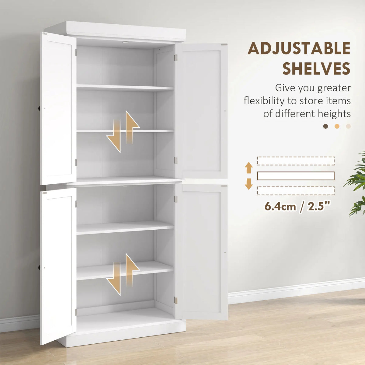 72.5" Freestanding Kitchen Pantry, 4 Doors, White Kitchen Pantry Cabinets at Gallery Canada