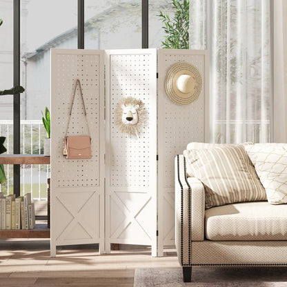 56.9" 3 Panel Wooden Room Divider With Pegboard Display, White Room Dividers at Gallery Canada