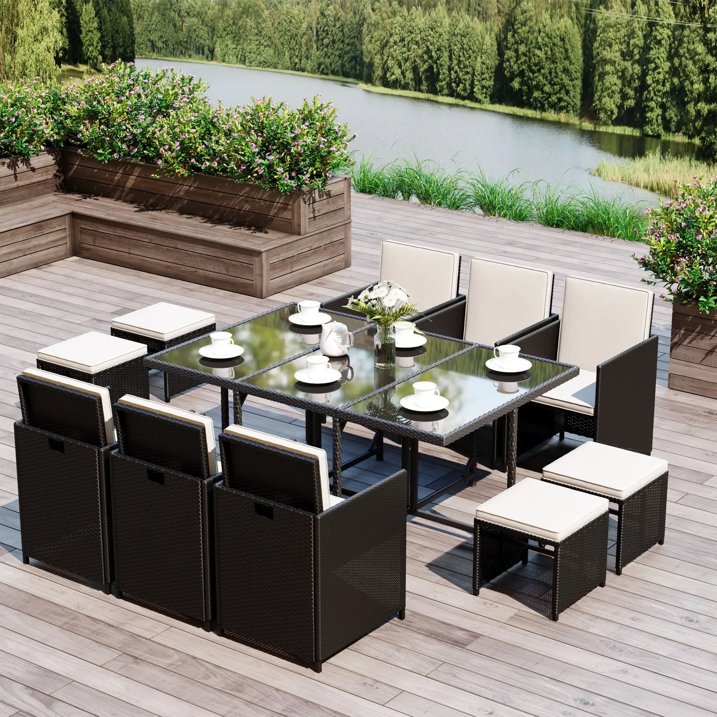 11-Piece Wicker Patio Dining Set, Removable Cushions, Glass Table, 6 Chairs, 4 Ottomans Outdoor Dining Sets at Gallery Canada