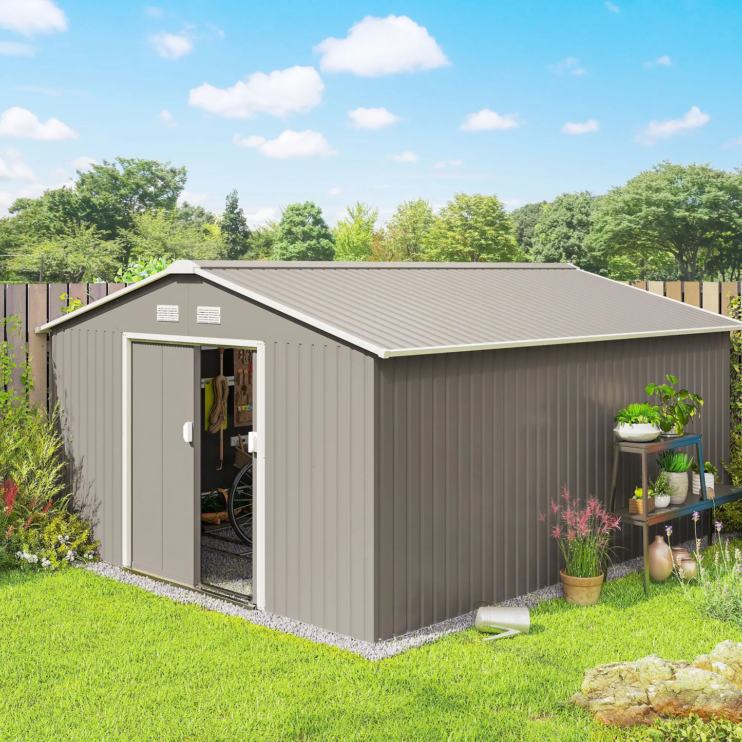 11' x 13' Garden Storage Shed, Double Sliding Door, 4 Vents, Light Grey Sheds at Gallery Canada