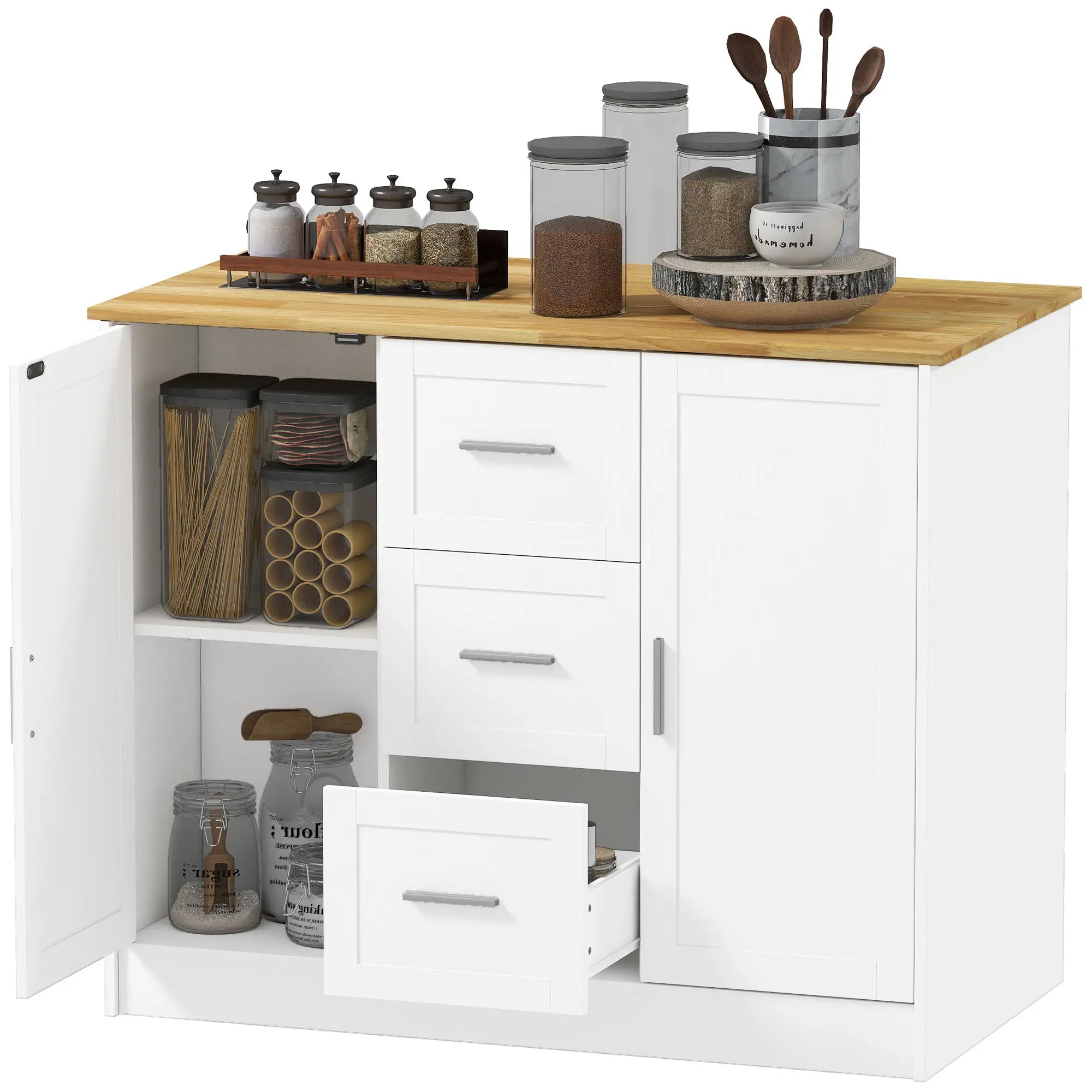 Kitchen Island with Storage, 3 Drawers, 2 Shelves, White Kitchen Islands & Kitchen Carts White, Natural at Gallery Canada