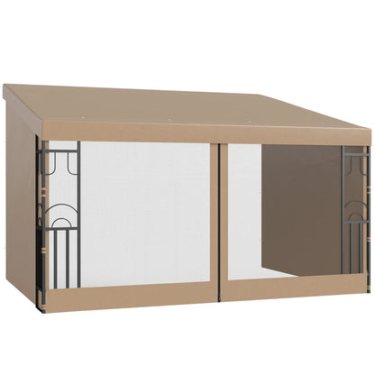 10' x 13' Wall Pergola, Outdoor Gazebo with Curtains, Nettings, Khaki