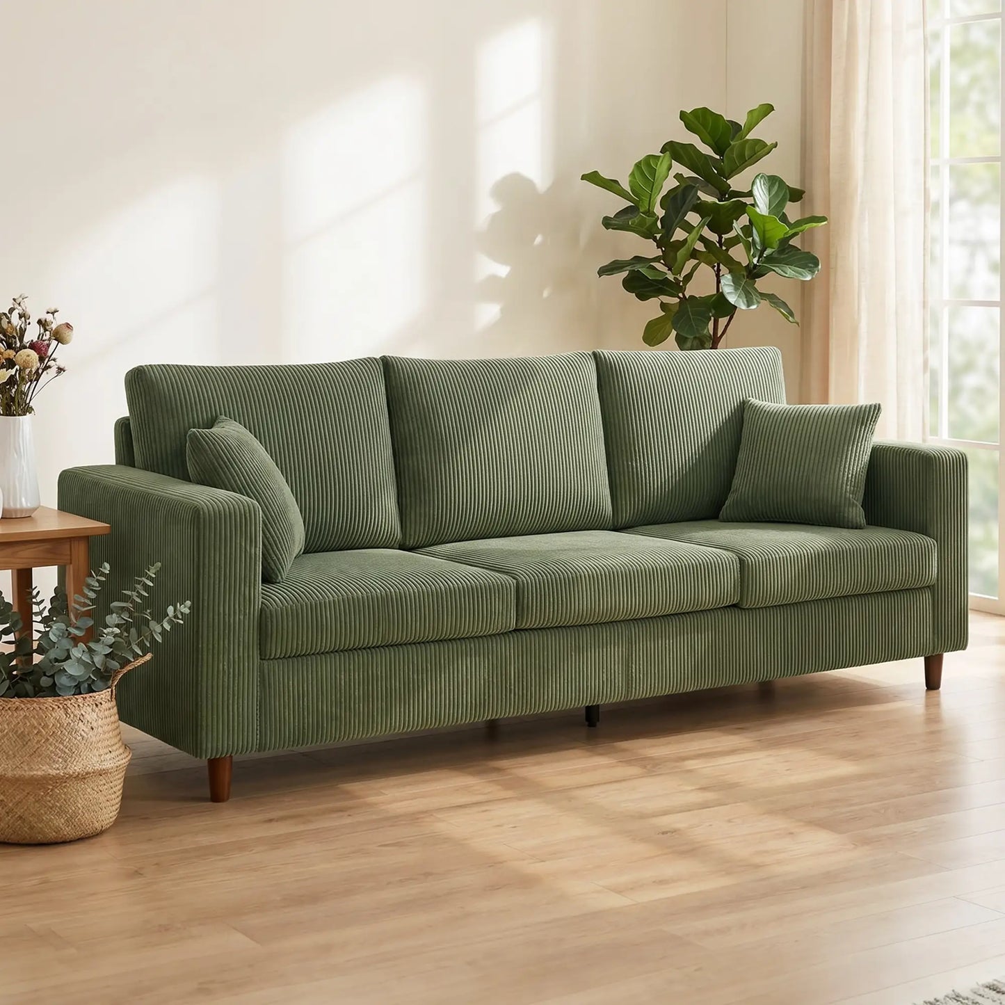 3 Seater Corduroy Sofa, Deep Seat Spring Cushion, Green 3-Seater Sofas at Gallery Canada
