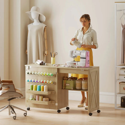 Sewing Machine Table on Wheels, Folding Craft Table with Storage, Natural Storage Cabinets at Gallery Canada