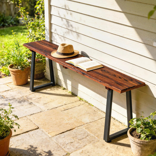 Outdoor Wood Bench For Two, 59" Backless Patio Garden Bench With Steel Legs Outdoor Benches Carbonized at Gallery Canada