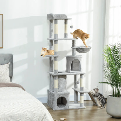 67" Large Cat Tree with 7 Scratching Posts, Tunnel, 2 Condos, Hammock, Perch, Ramp, Pompoms, Light Grey Multi-Level Cat Towers at Gallery Canada