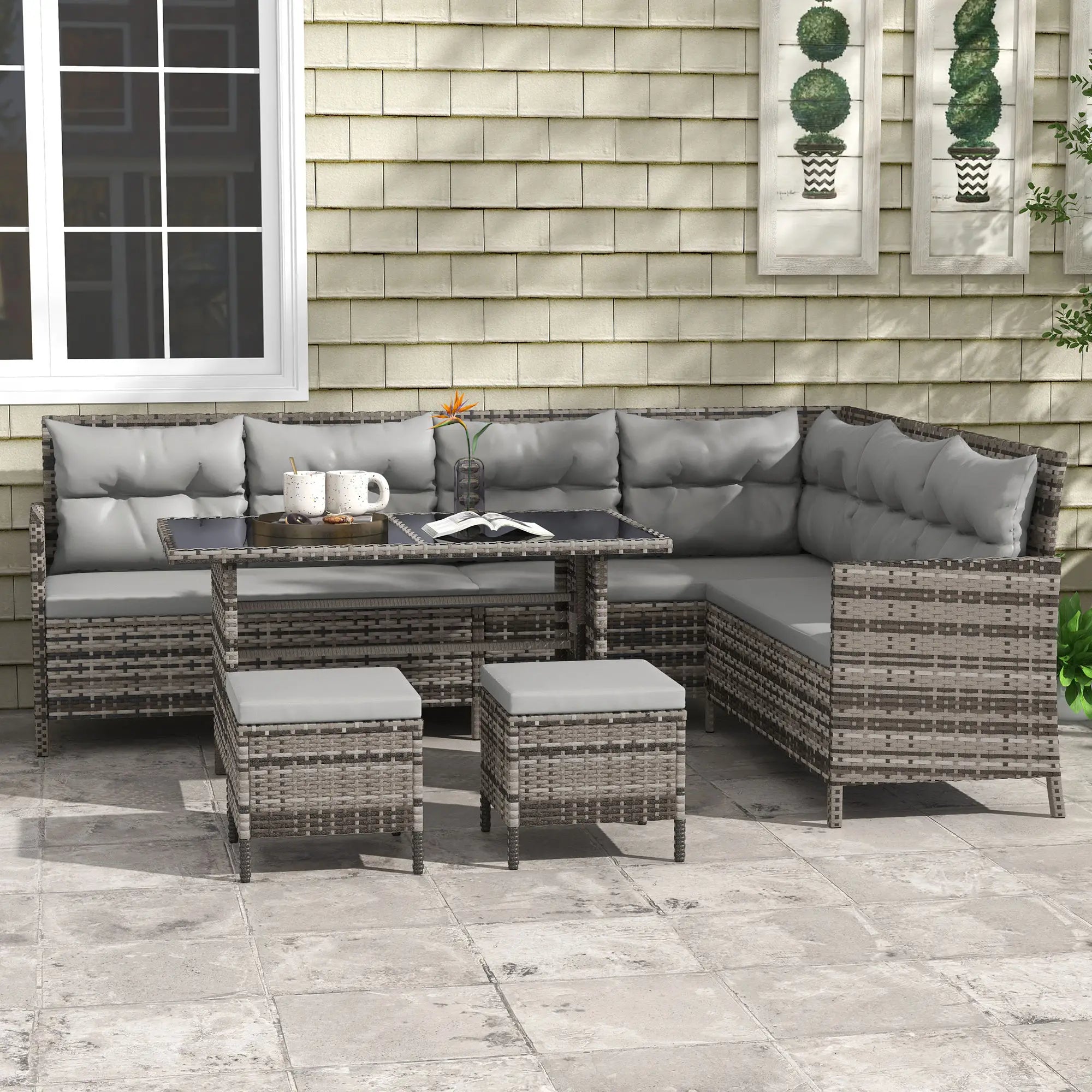 6Pc Rattan Outdoor Sofa Set w/ Dining Table, Grey Patio Furniture Sets Light Grey at Gallery Canada