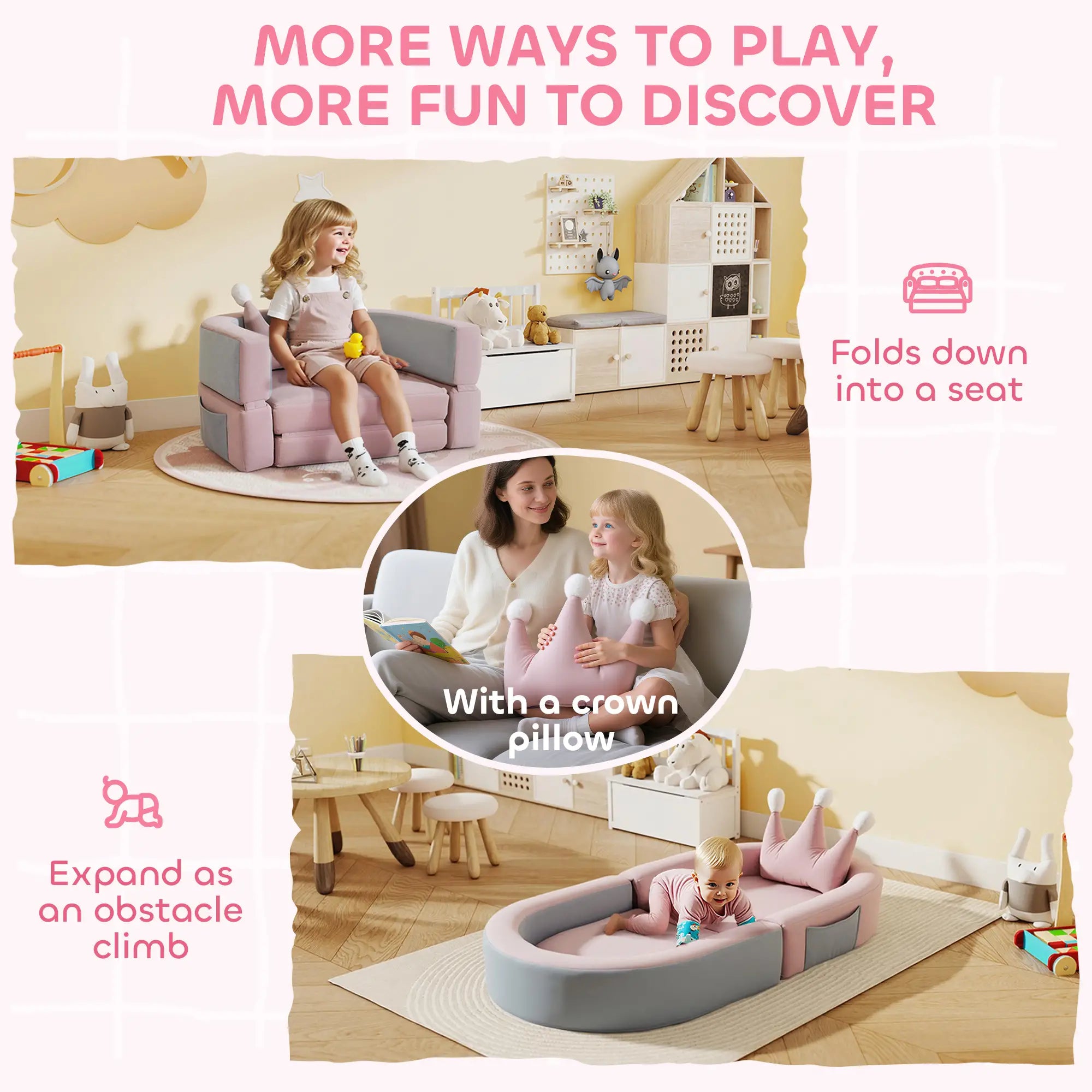 3-In-1 Convertible Climbing Toys For Toddlers With Crown Cushion, Pink Kids Gym & Playmats at Gallery Canada