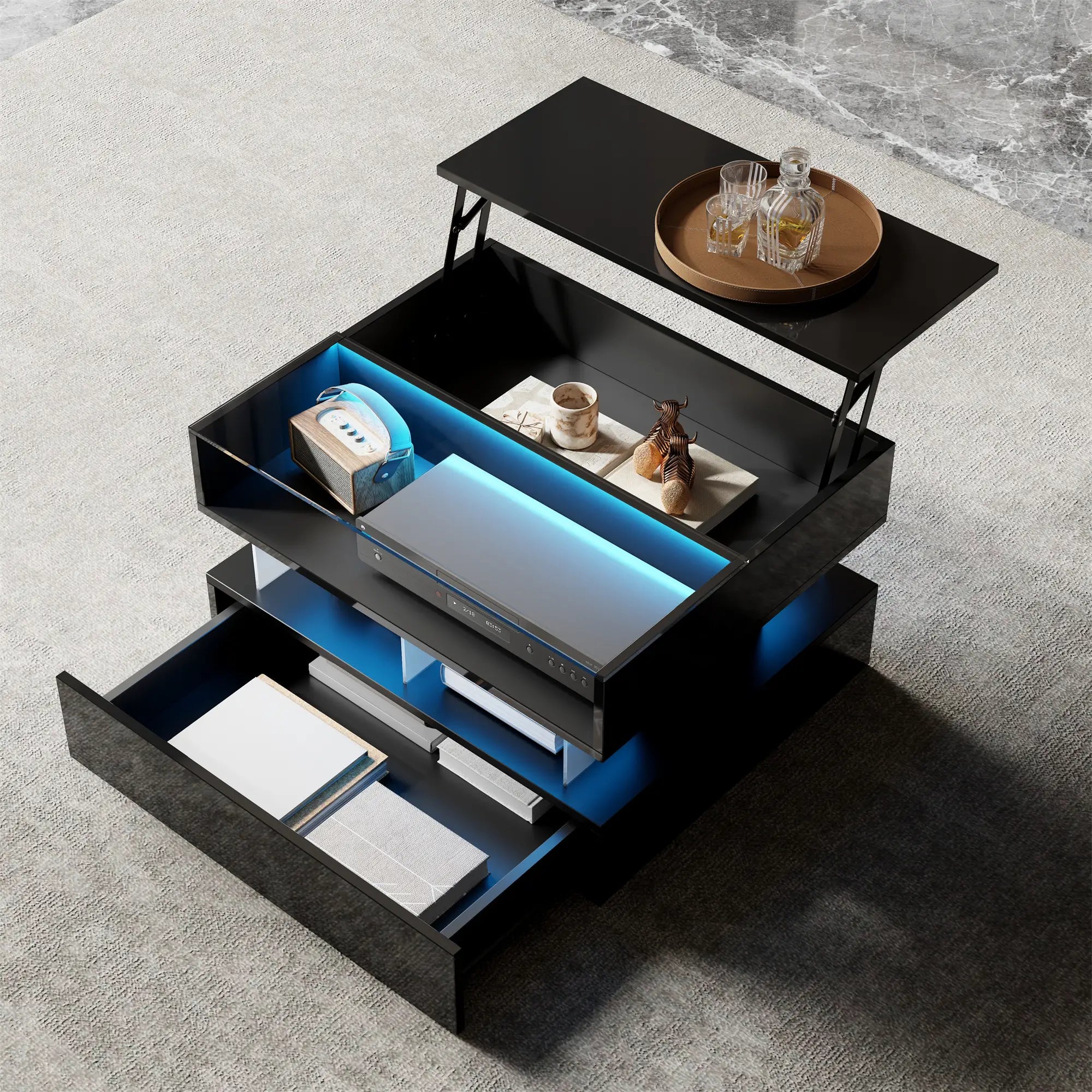 Glass Top LED Coffee Table, Storage Drawer, Adjustable Height, 26