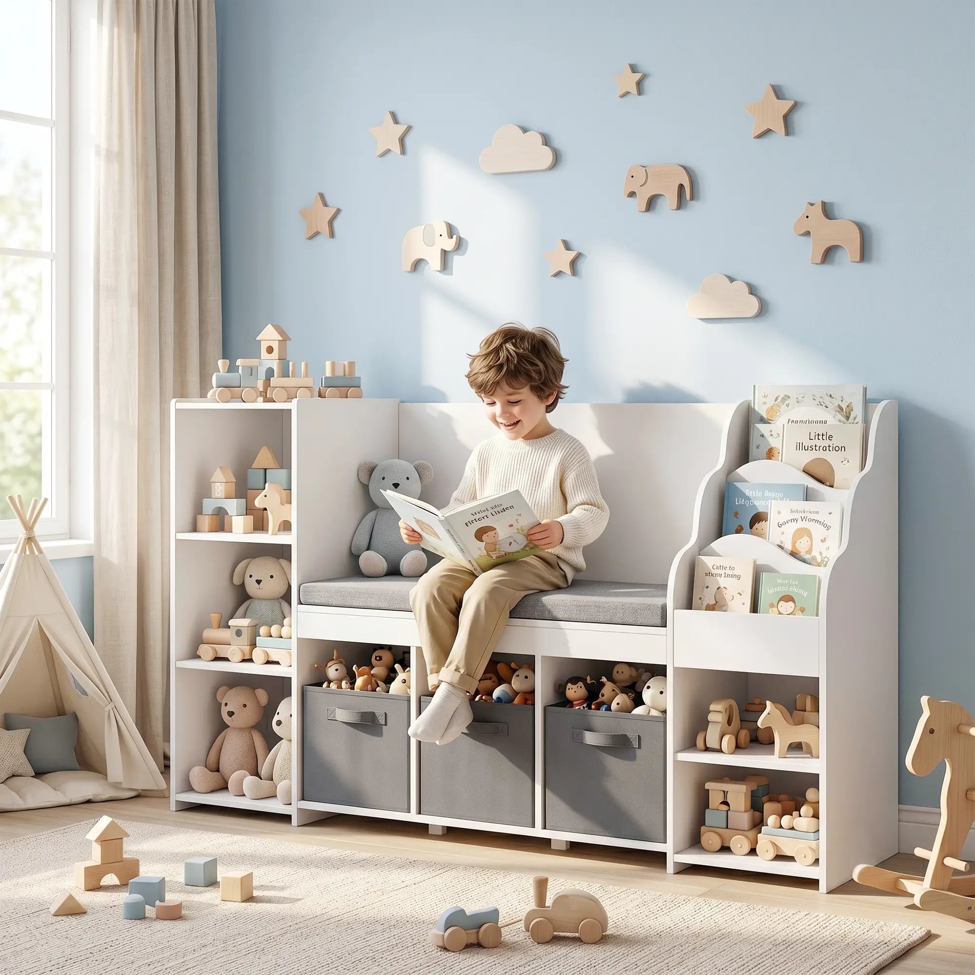 Kids Storage Shelf With Reading Nook, Toy Organizer, 3 Fabric Drawers, undefined Baby & Kids Storage at Gallery Canada
