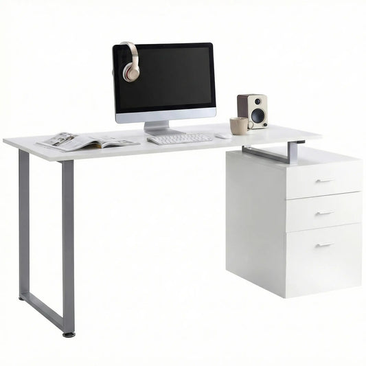 47" Computer Desk With Reversible File Drawers, White Writing Desks Silver frame, White board at Gallery Canada