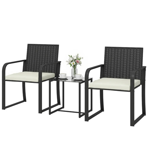 3 Piece Wicker Patio Set, Glass Table, Mesh Seat, Cream White