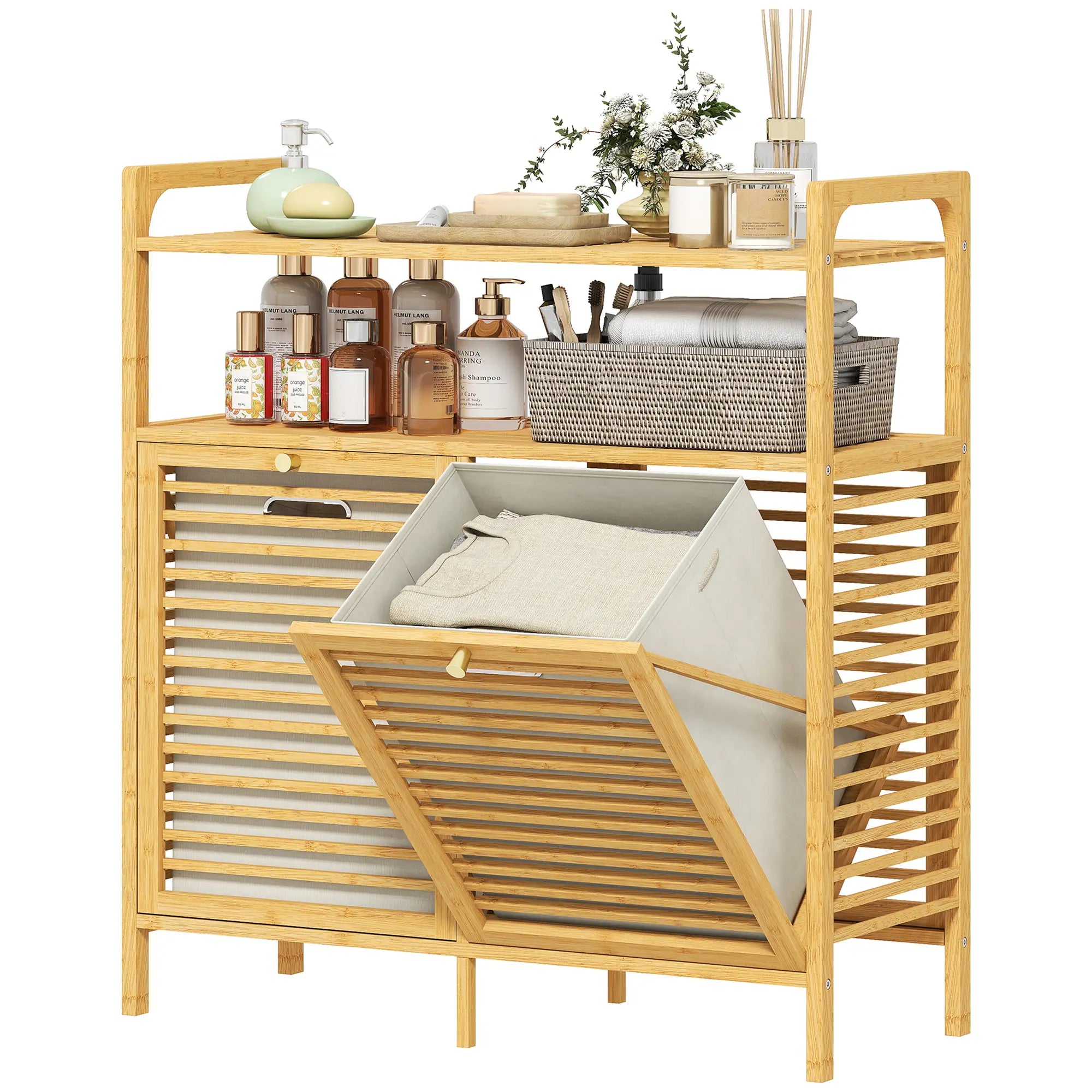 Tilt Out Laundry Hamper, Bamboo Cabinet with 2 Baskets, 2 Shelves, Natural Bathroom Cabinets Natural, Cream White at Gallery Canada