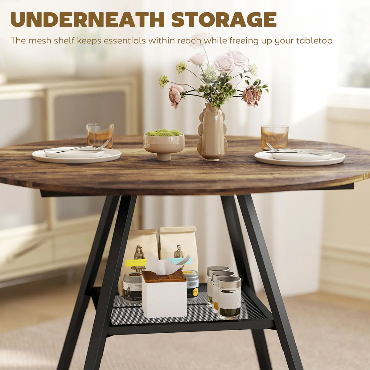 39.4 Inch Round Dining Table For 4, Metal Storage Shelf, Rustic Brown Dining Tables at Gallery Canada