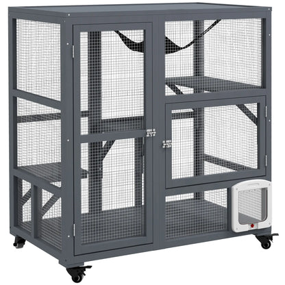 Wooden Cat Condo on Wheels, Cat Flap Door, Hammock, Light Grey Outdoor Cat Enclosures at Gallery Canada