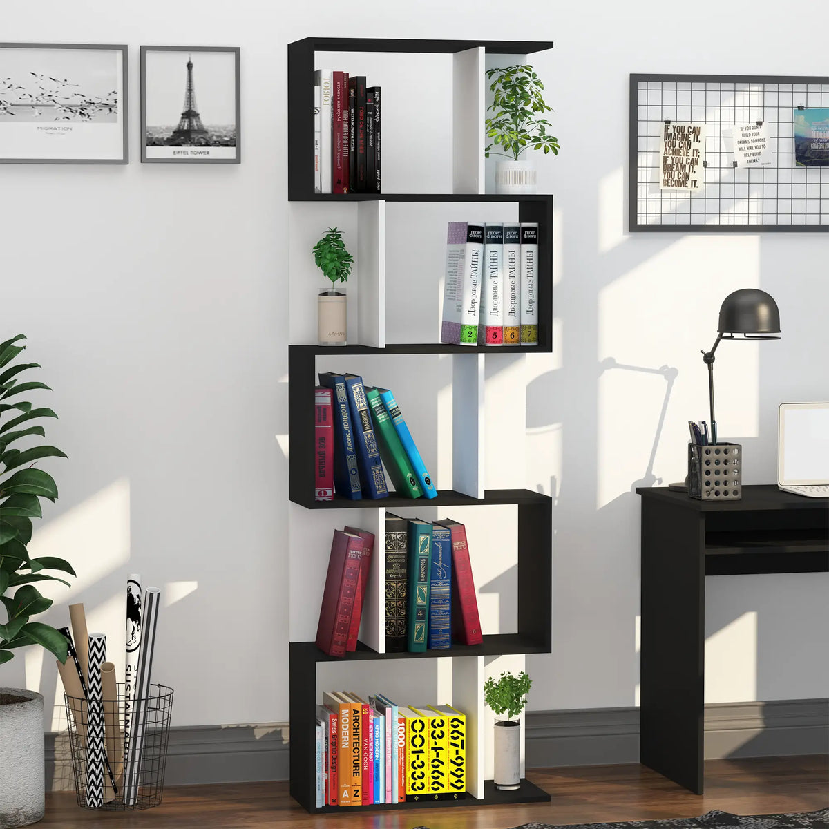 5-Tier Geometric Bookcase, Modern Room Divider, White Display Bookshelves at Gallery Canada