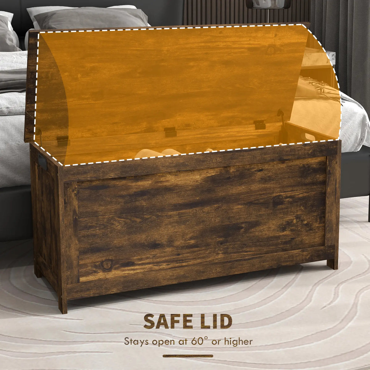 Modern Storage Trunk with Safety Hinges, Entryway Bench, Rustic Brown, Brown Storage Ottomans & Benches at Gallery Canada