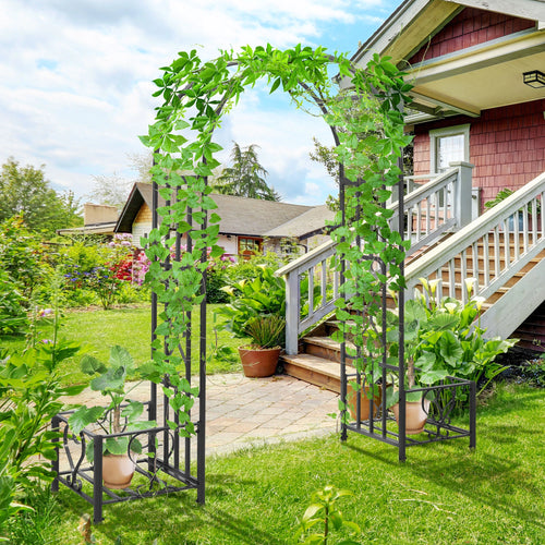 7FT Metal Garden Arch with 2 Planter Boxes, Outdoor Walkway Arbor, Dark Grey