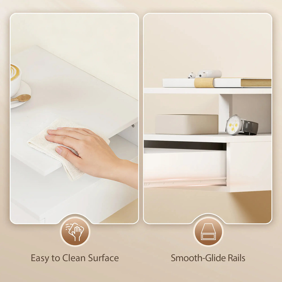 Floating Nightstand Set of 2, Wall Mounted with Drawer, White Bedside Tables at Gallery Canada