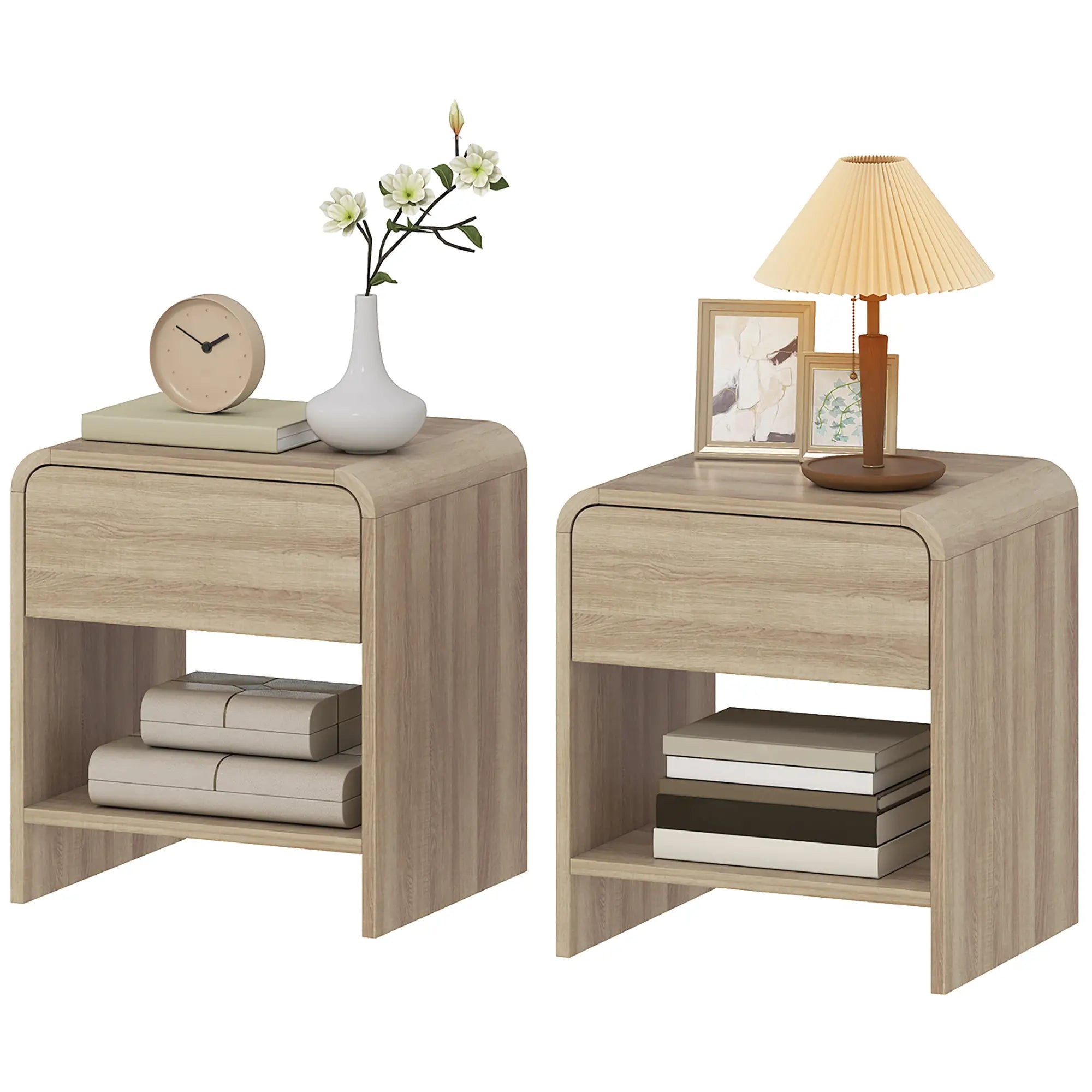 Modern Nightstand Set Of 2, Natural Wood, With Drawer And Open Shelf Bedside Tables Natural at Gallery Canada