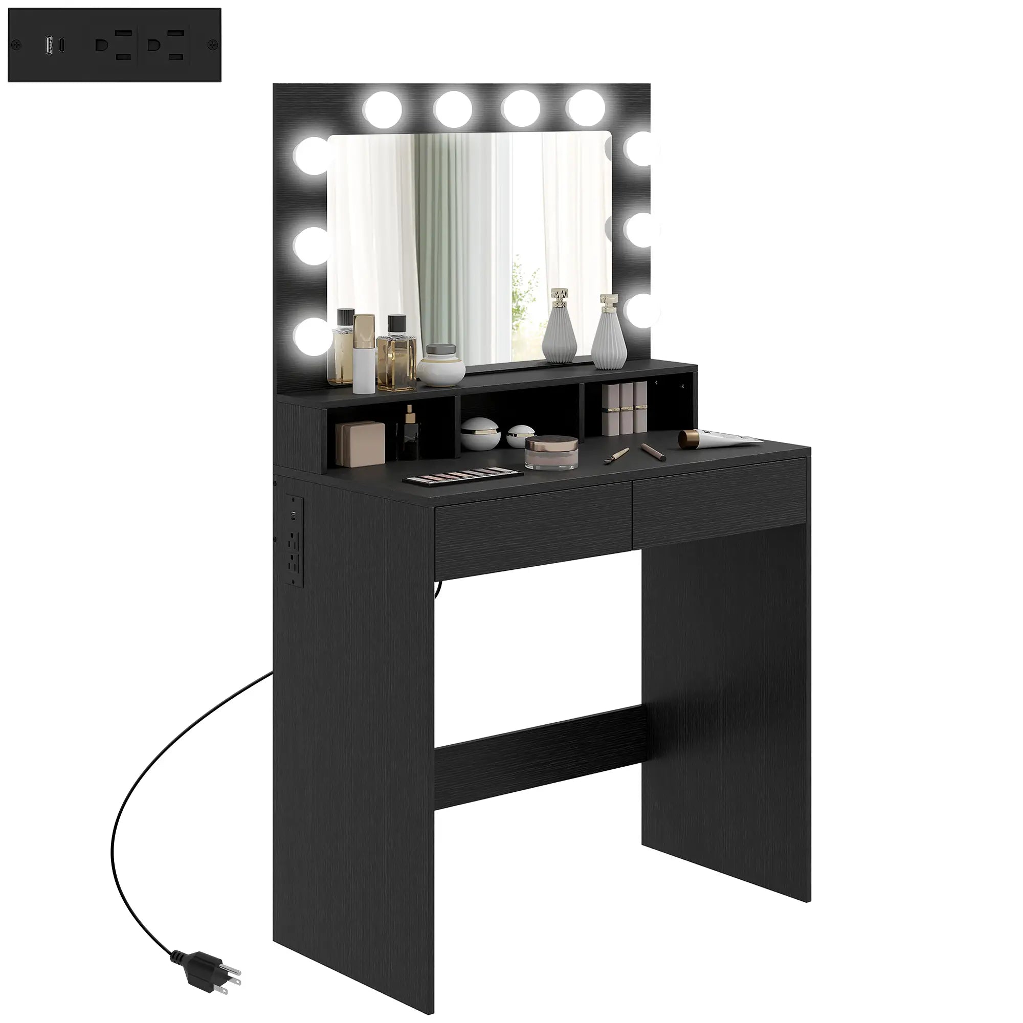 Vanity Table With LED Mirror, Charging Station, Drawers, Black Dressing & Vanity Tables at Gallery Canada