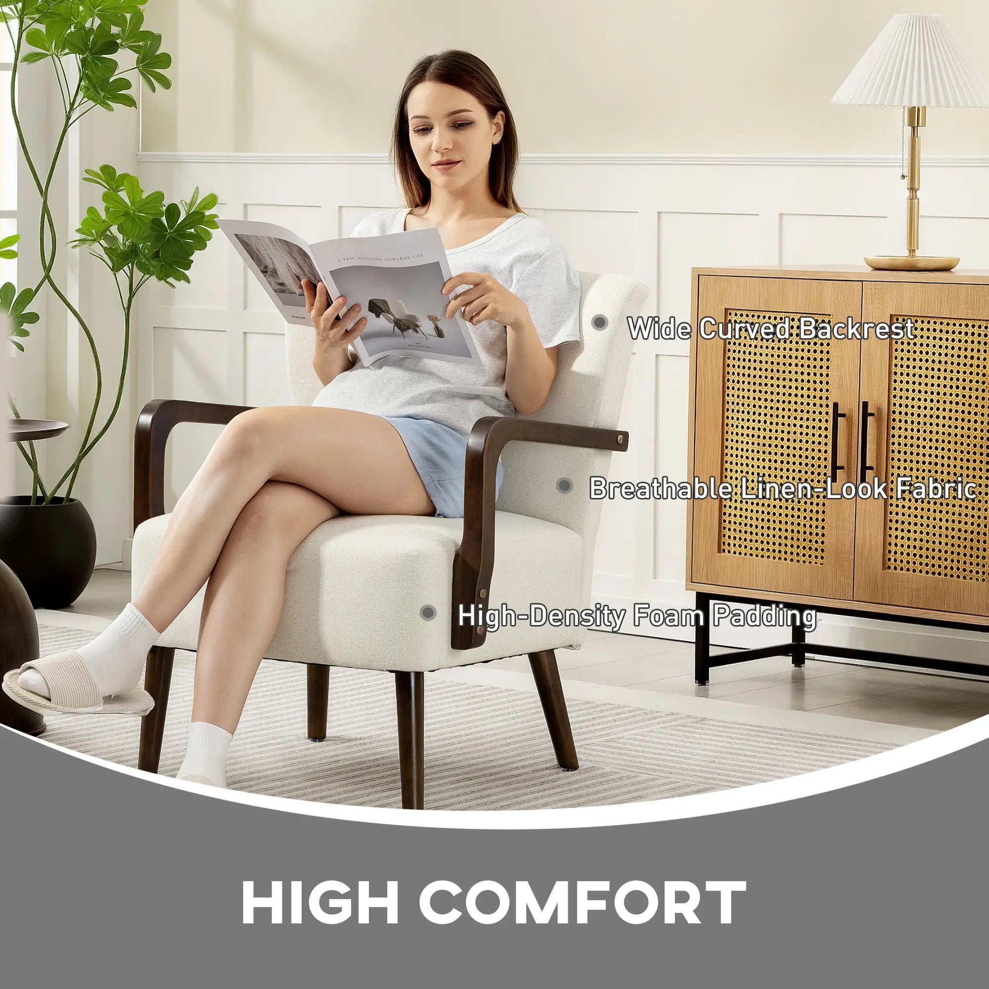 Accent Chair, Wooden Legs, Linen Fabric, Thick Padding, Cream White Accent Chairs at Gallery Canada