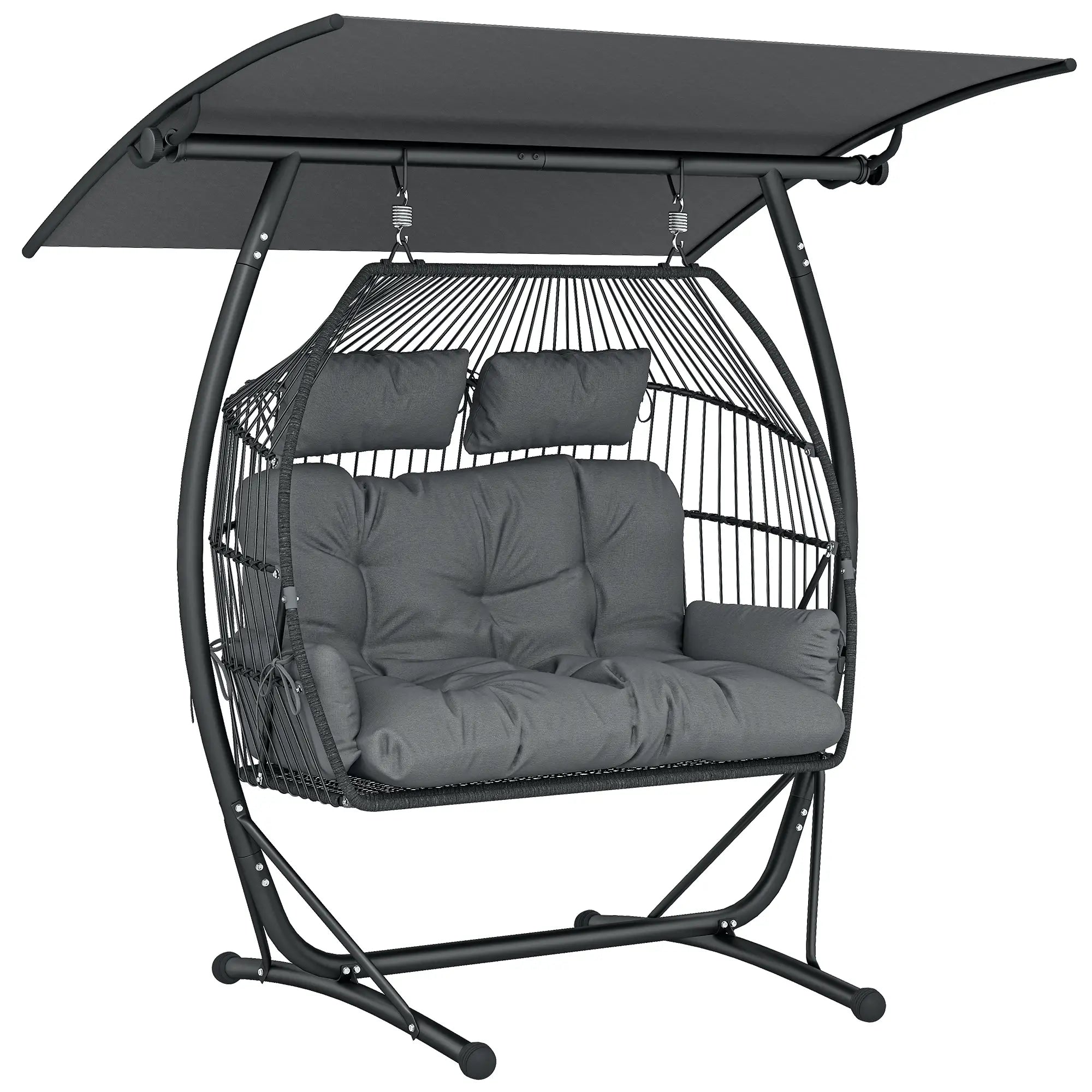 Hanging Double Egg Chair with Canopy, Cushion, Stand, Dark Grey Patio Swings with Stand at Gallery Canada