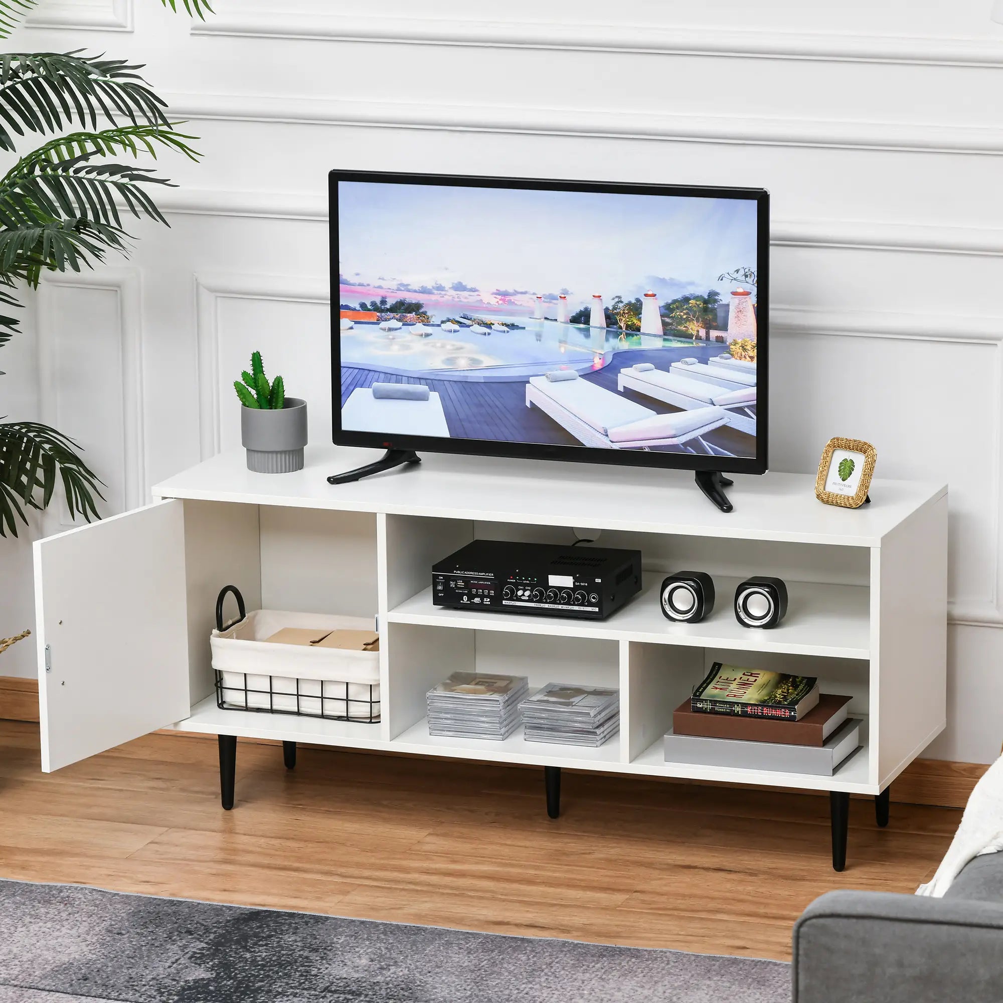 Modern TV Stand for 60 Inches, Storage Shelf, Cable Hole, White TV Stands at Gallery Canada