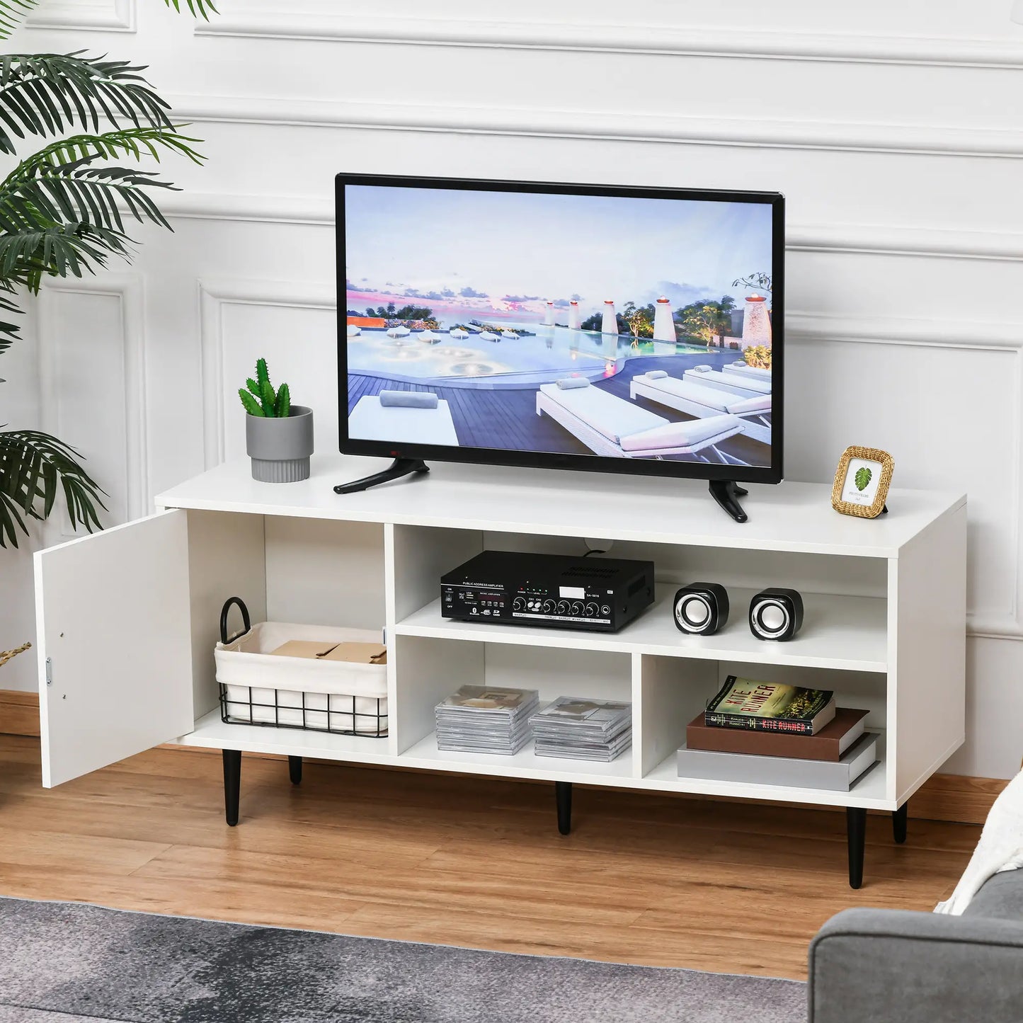 Modern TV Stand for 60 Inches, Storage Shelf, Cable Hole, White TV Stands at Gallery Canada