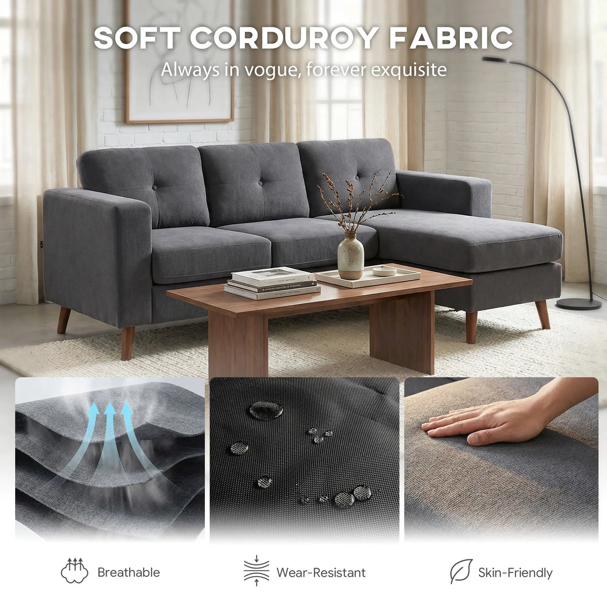 Sectional Sofa with Changeable Chaise, 3 Seat L-Shaped, Dark Grey 3-Seater Sofas at Gallery Canada