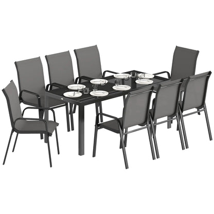 9-Piece Patio Dining Set, Glass Top Table, Stackable Chairs, Dark Grey Outdoor Dining Sets at Gallery Canada