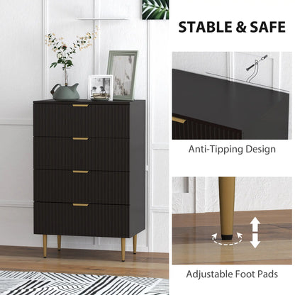 Modern 4 Drawer Dresser, Black with Gold Legs, Bedroom Chest, Black, Gold Storage Cabinets at Gallery Canada