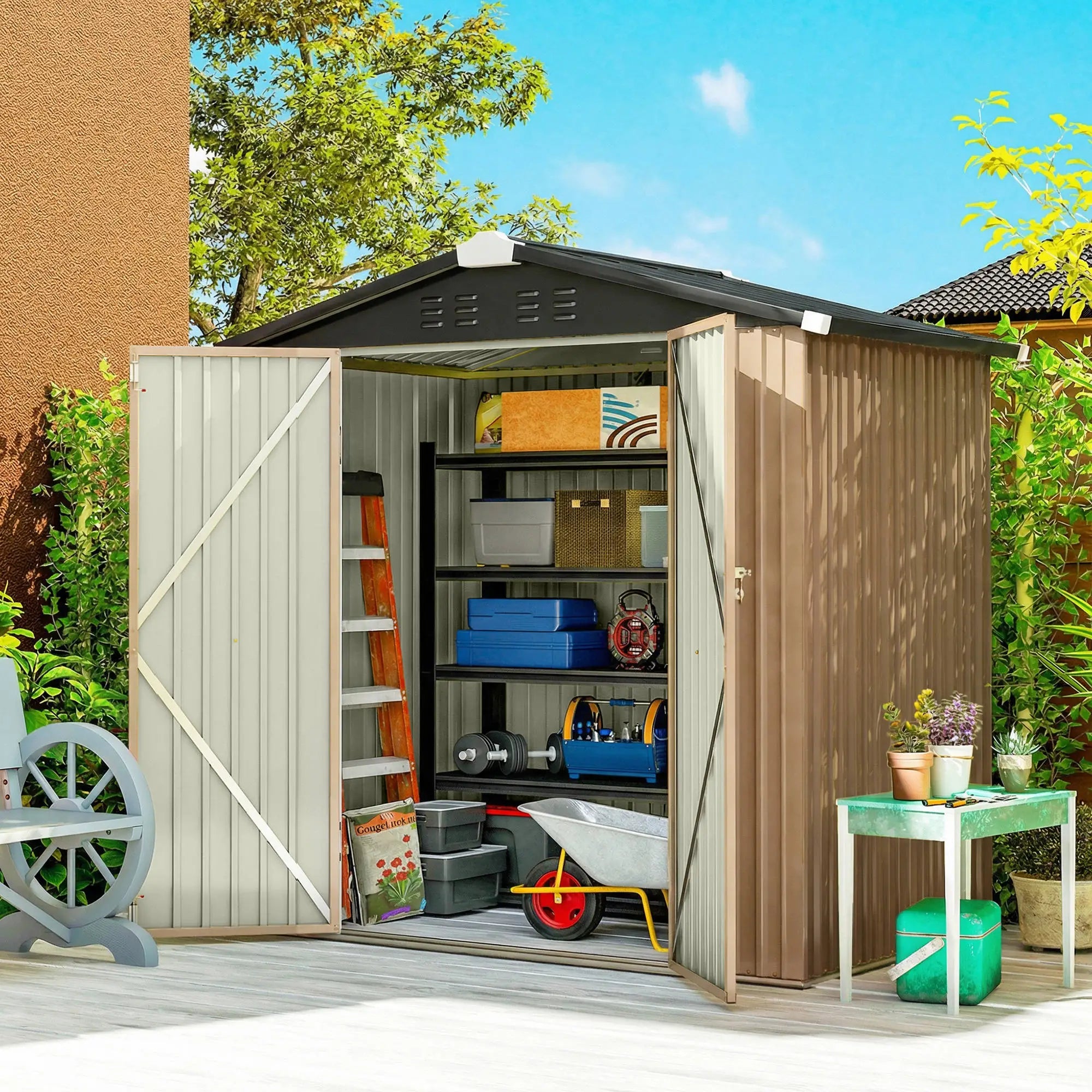 6.5' x 4' Metal Outdoor Storage Shed, Lockable Double Doors, 4 Vents, Brown Sheds at Gallery Canada