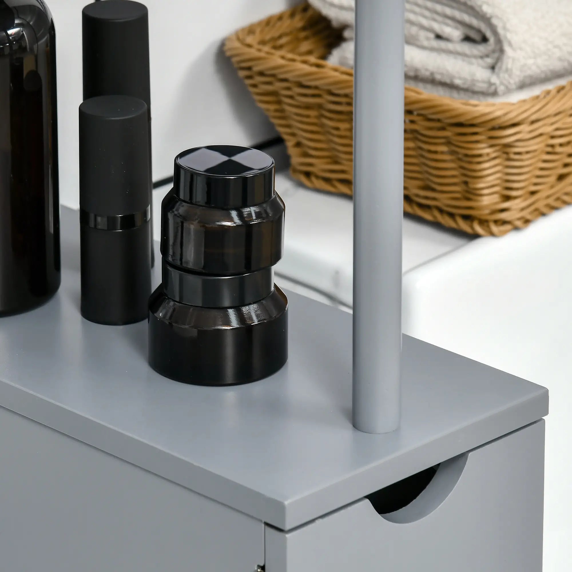 Tall Narrow Bathroom Storage Cabinet with Drawers, Open Shelves, Grey Bathroom Cabinets at Gallery Canada