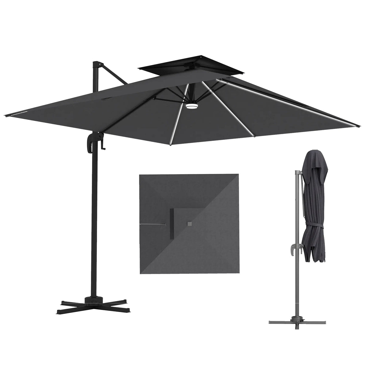 8' Cantilever Patio Umbrella, LED Lights, 360°Rotation, Dark Grey Offset Cantilever Umbrellas Dark Grey, Black at Gallery Canada