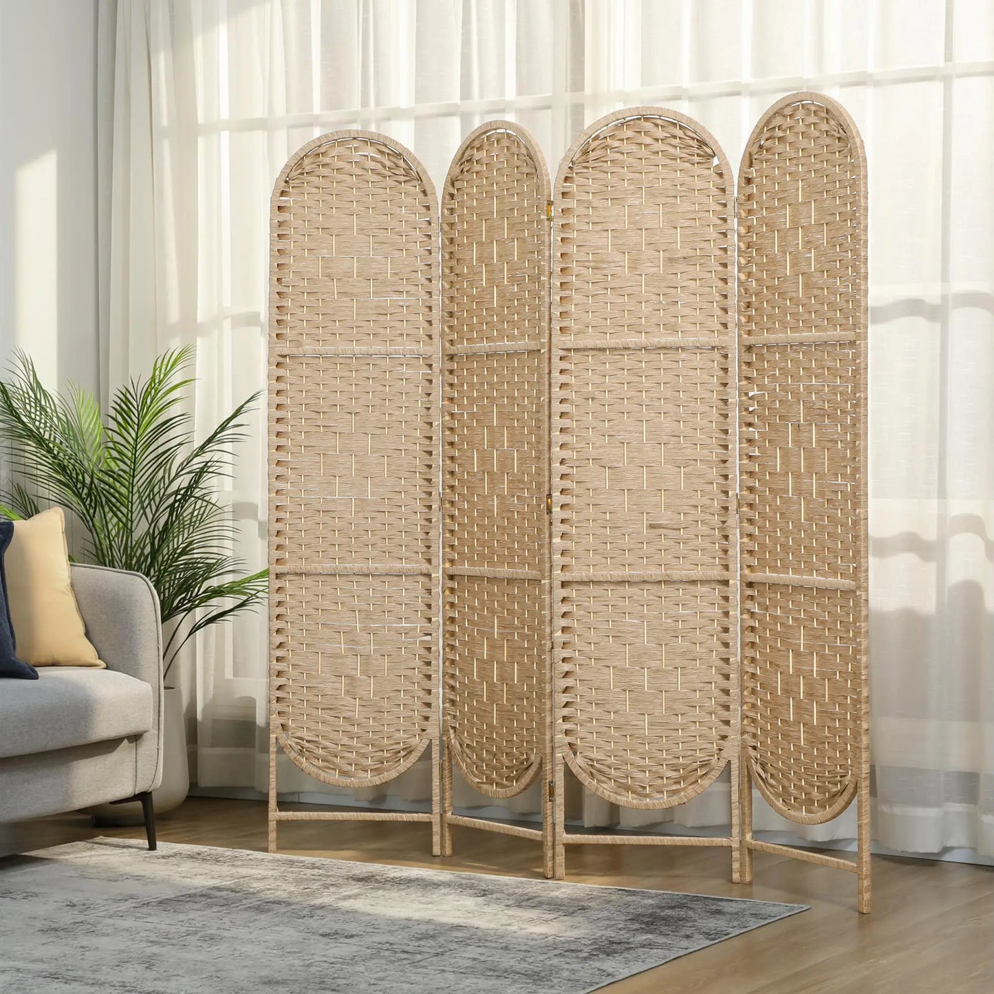 Bohemian Privacy Screen, 4 Panel Folding Room Divider, Arched Top, Natural Wood Room Dividers at Gallery Canada
