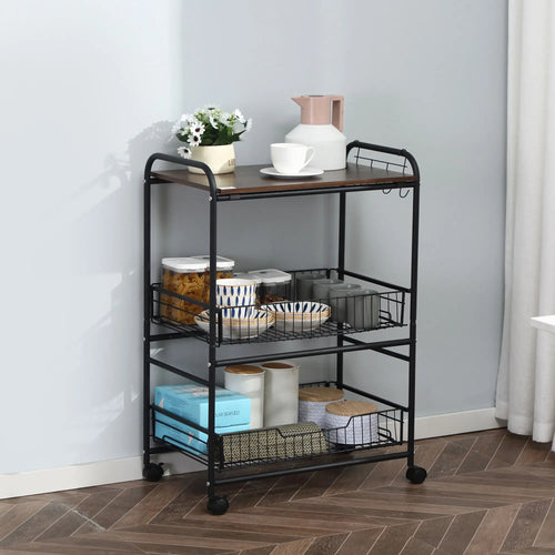 3-Tier Rolling Kitchen Cart, 2 Basket Drawers, Lockable Casters