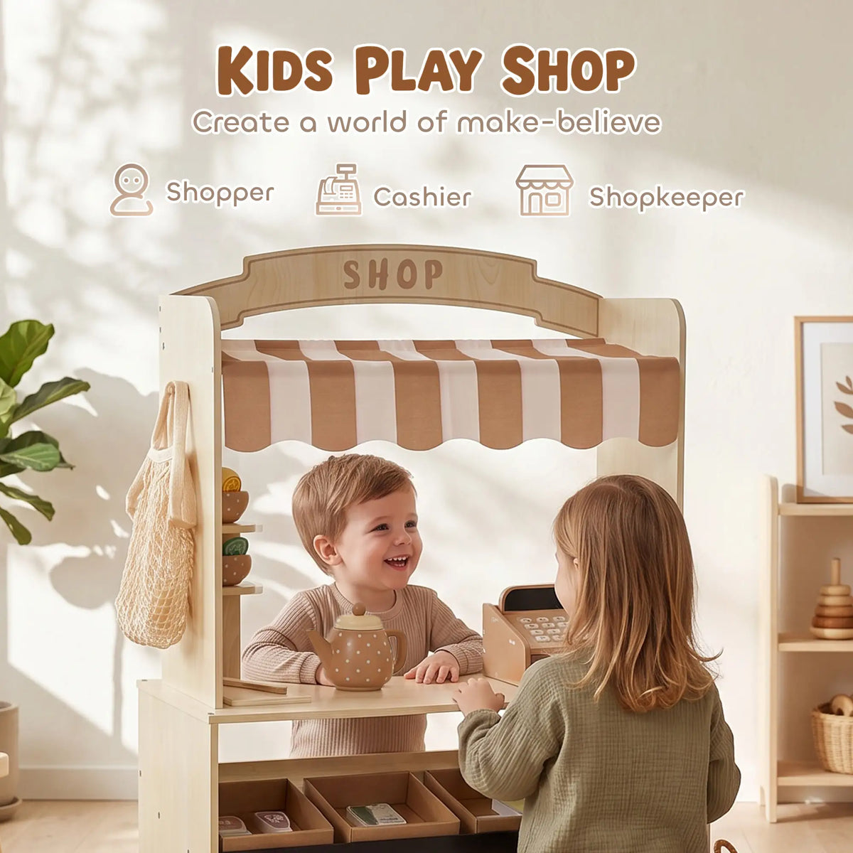 Wooden Grocery Store Playset, 61 Accessories, Play Food, Cash Register Toy Playsets at Gallery Canada