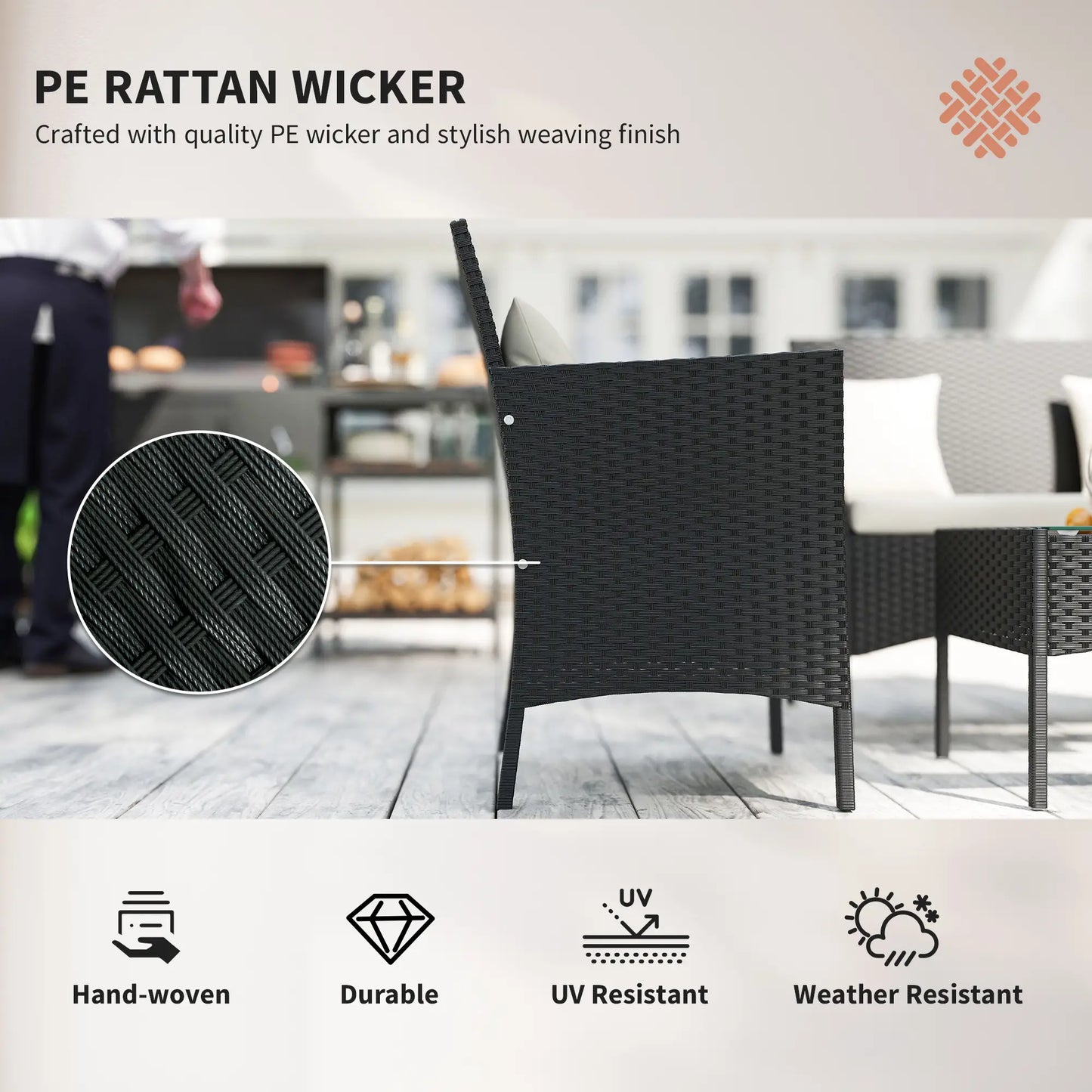 4-Piece Rattan Patio Set, Coffee Table, 22.8" W x 21.7" D x 33.5" H, Black Cream Patio Furniture Sets at Gallery Canada