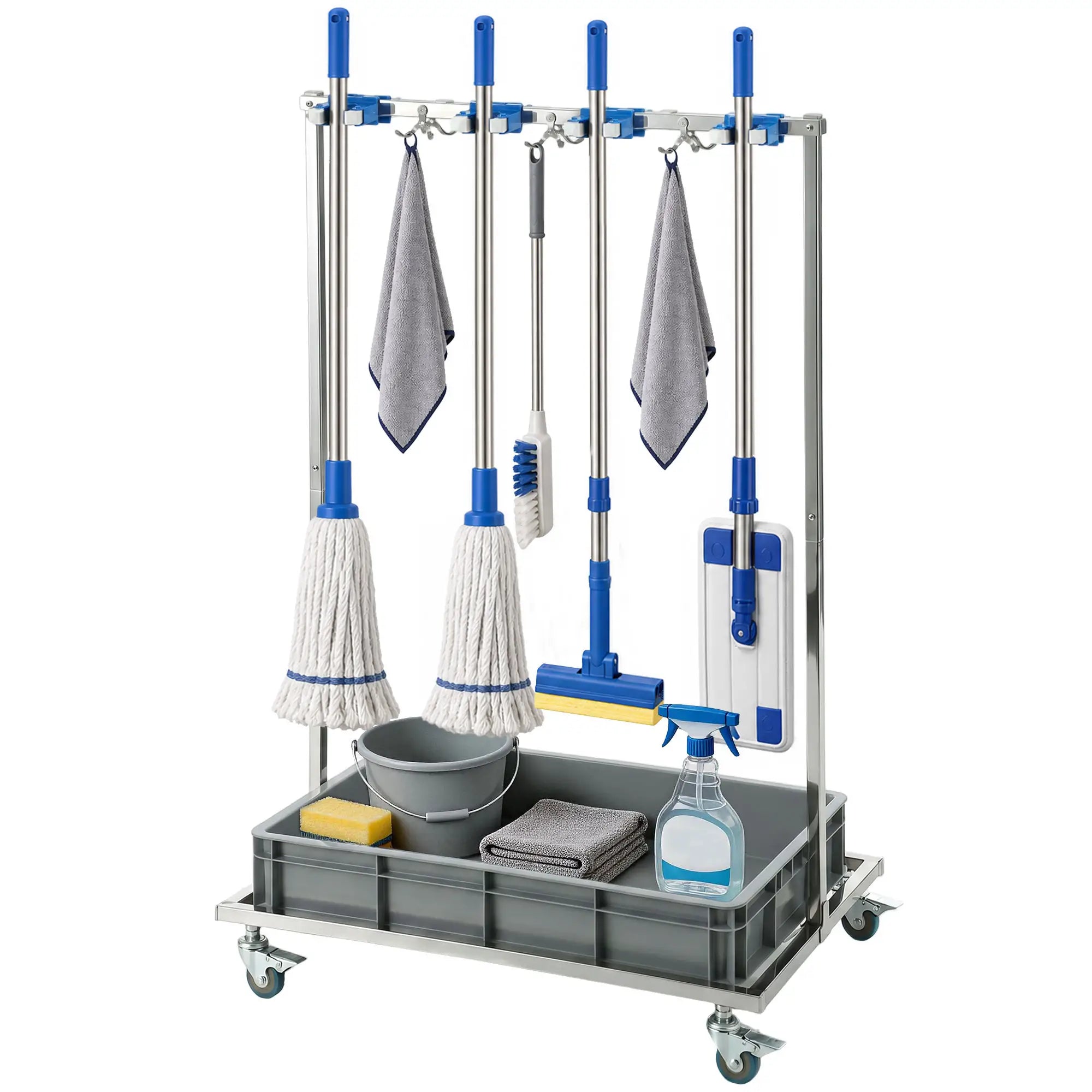 Cleaning Rolling Janitor Cart With Locking Wheels And Drip Tray Household Supplies Silver, Grey, Blue at Gallery Canada