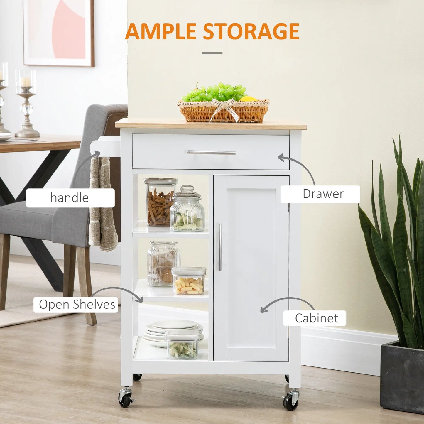 Compact Kitchen Cart on Wheels, Open Shelf, Storage Drawer, White Kitchen Islands & Kitchen Carts at Gallery Canada
