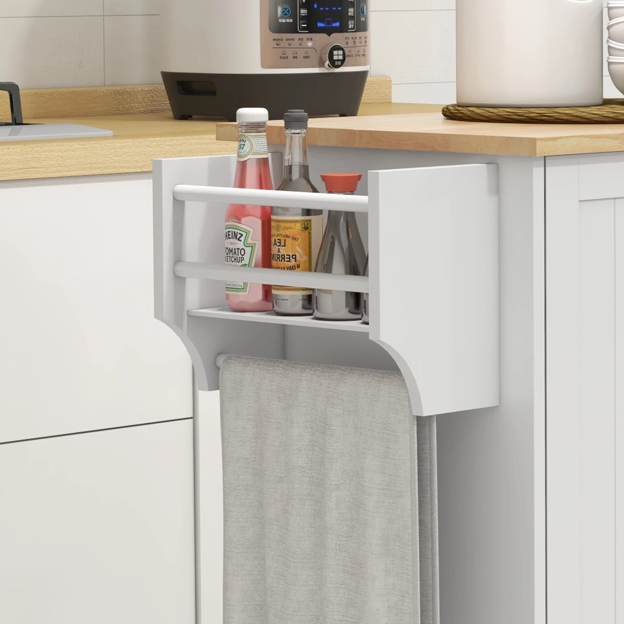 Modern Kitchen Island Cart, Natural Wood Top, Towel Rack, Door Storage, White Kitchen Islands & Kitchen Carts at Gallery Canada