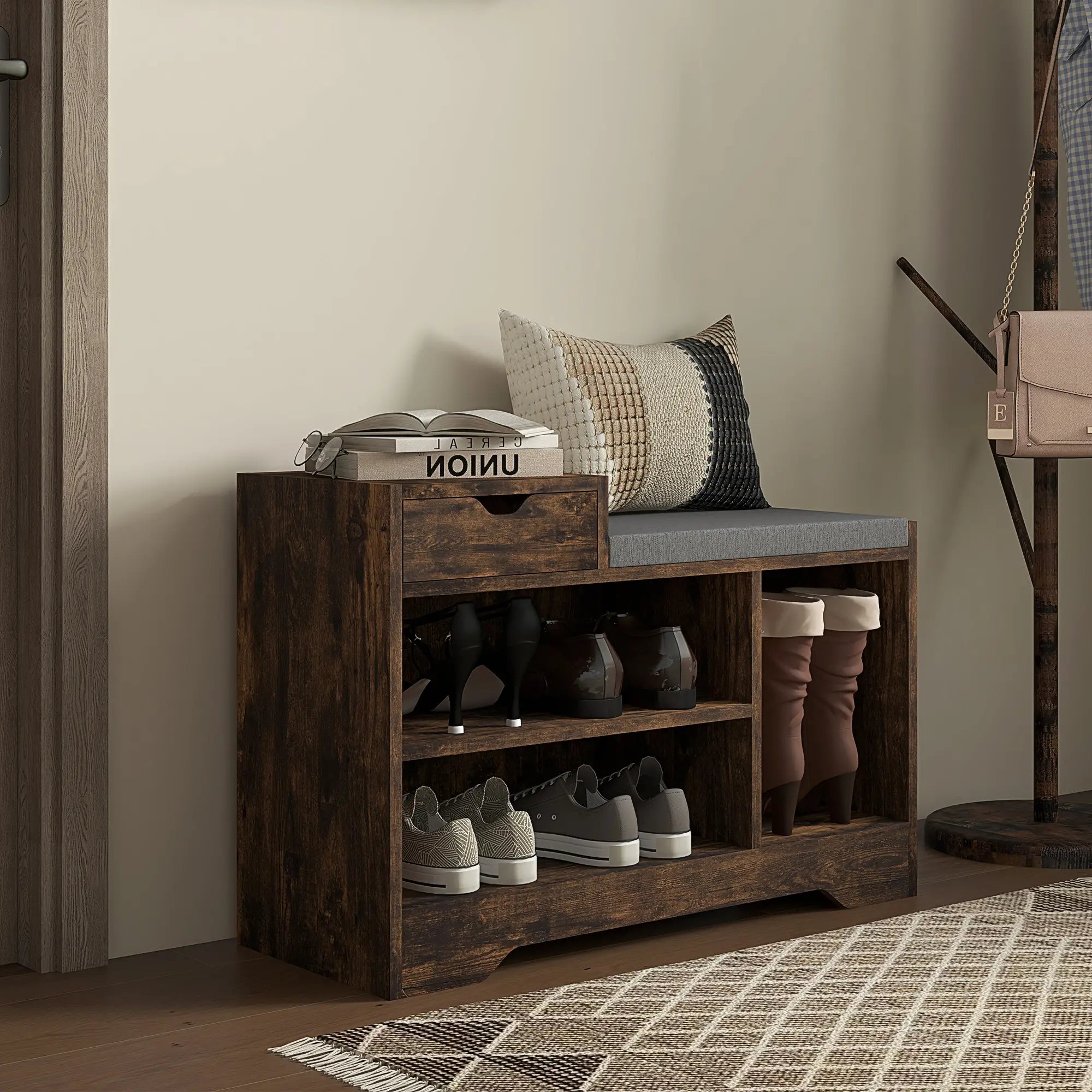 Upholstered Shoe Storage Bench, Seat, Drawer, 3 Shelves, Brown Shoe Storage Cabinets & Racks at Gallery Canada