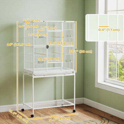 64" Large Rolling Bird Cage With Stand, Shelf, Perch, Food Container, White Bird Cages at Gallery Canada